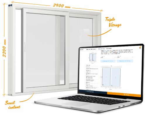 Une porte de terrasse configurée sur mesure devant un ordinateur portable affichant le configurateur Letwork
